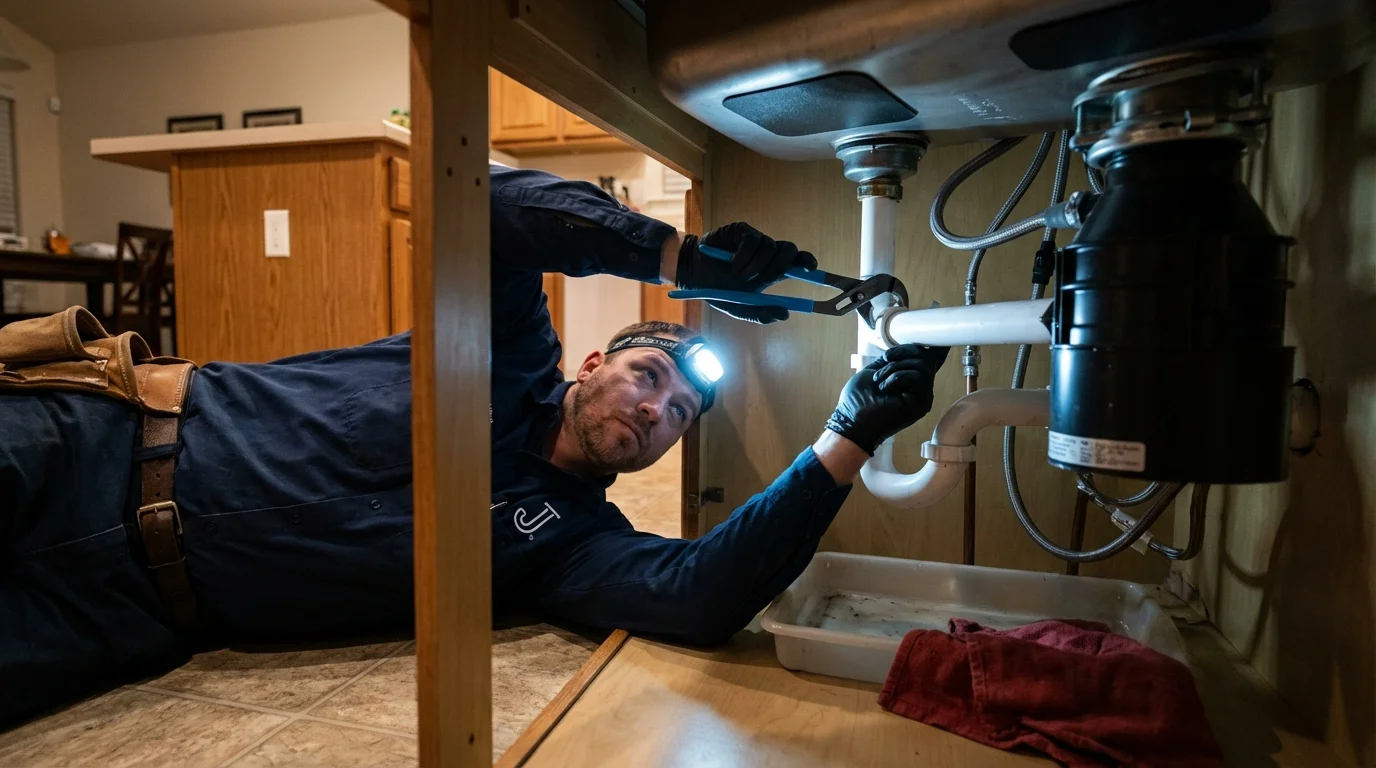 P-trap and supply line connections under a kitchen sink showing a common leak point in Lacon, IL